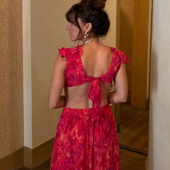 NEW 12th Tribe Jolie Pink Printed Ruffle Maxi Dress Size MM - Picture 2 of 5